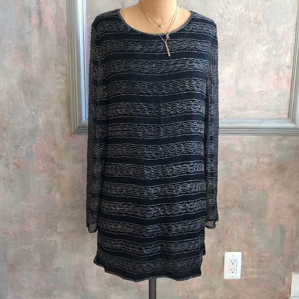 Papell Boutique Beaded Black Tunic Silk Medium